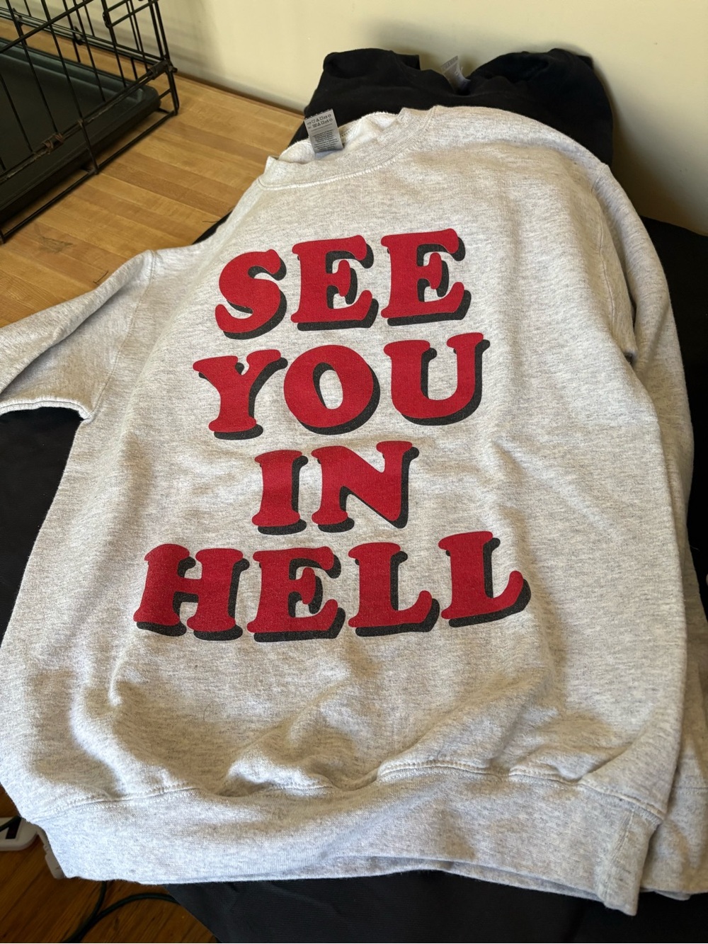Gray Women's Crewneck Sweatshirt with Red Graphic Text